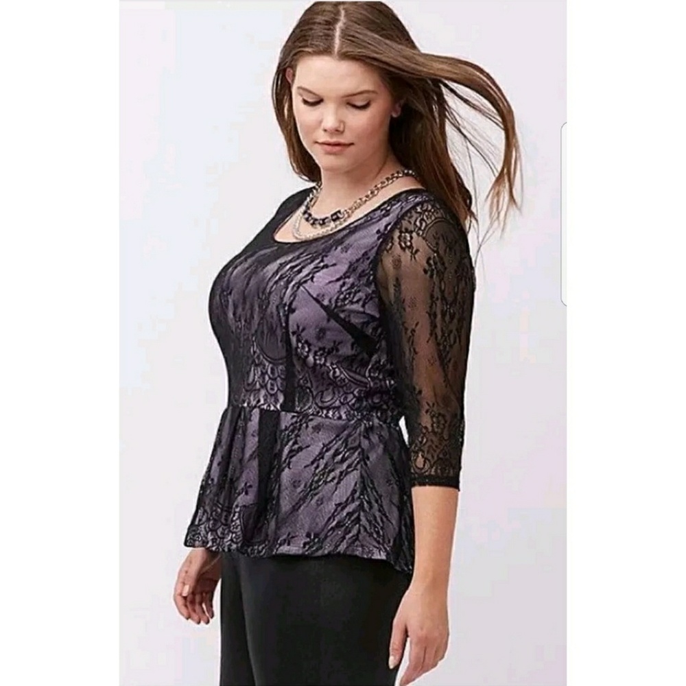 Lane Bryant Purple Black Lace Peplum Blouse